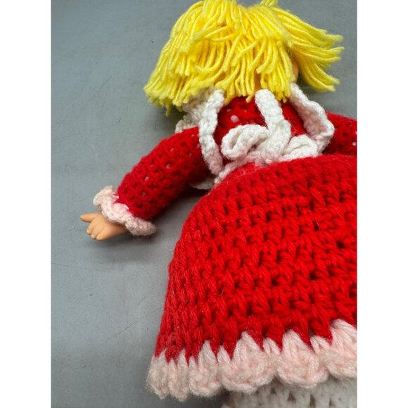Vintage Handmade Crochet Doll With Yellow Yarn Hair & Red Dress Apron 14" READ - Picture 9 of 9